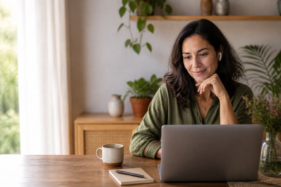 Mulher participando de uma consulta online em casa