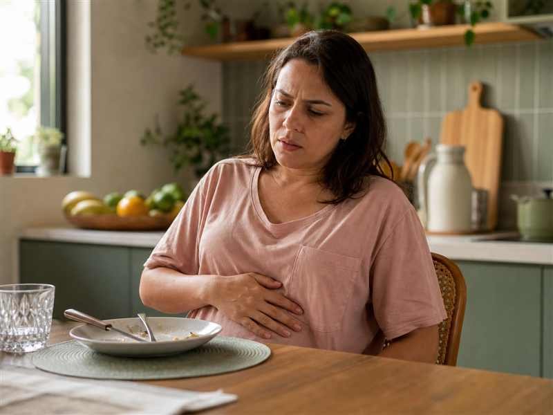 Mulher à mesa percebendo desconforto depois de uma refeição