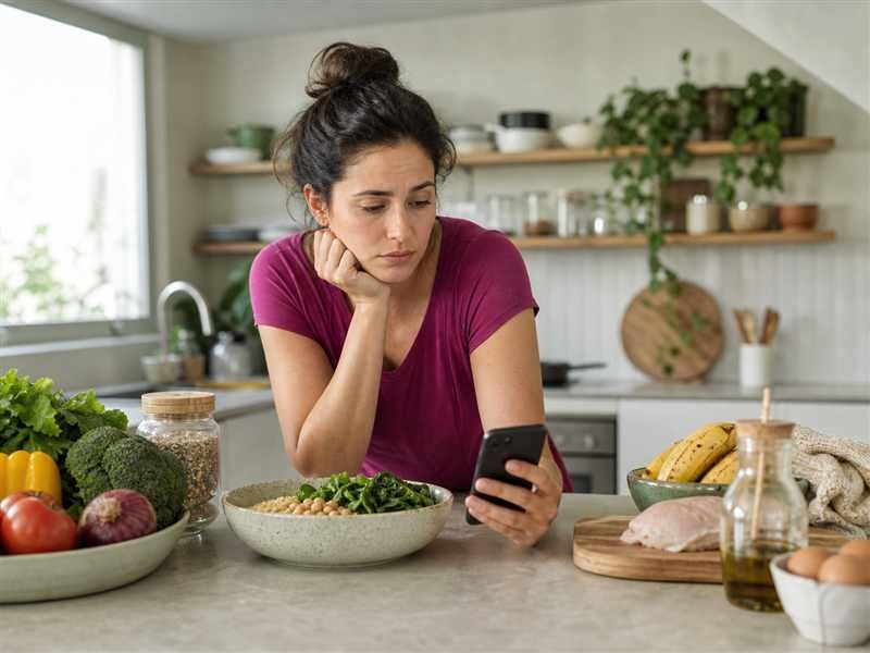 Mulher indecisa diante de diferentes opções de alimentos