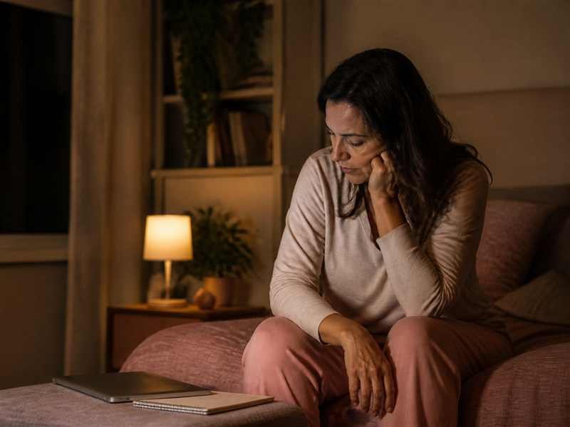 Mulher acordada à noite, cansada e ainda pensativa