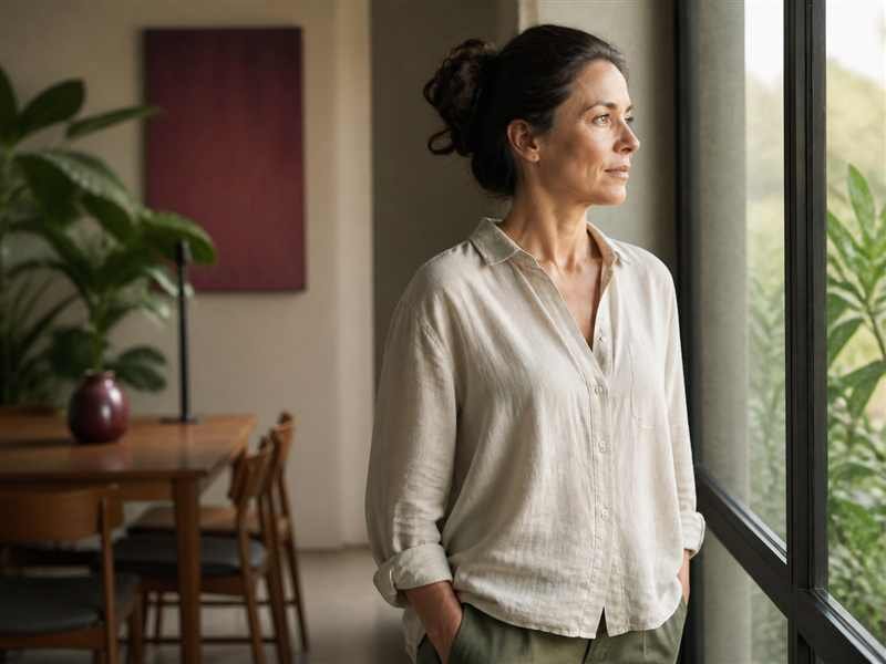 Mulher olhando pela janela e refletindo sobre uma mudança